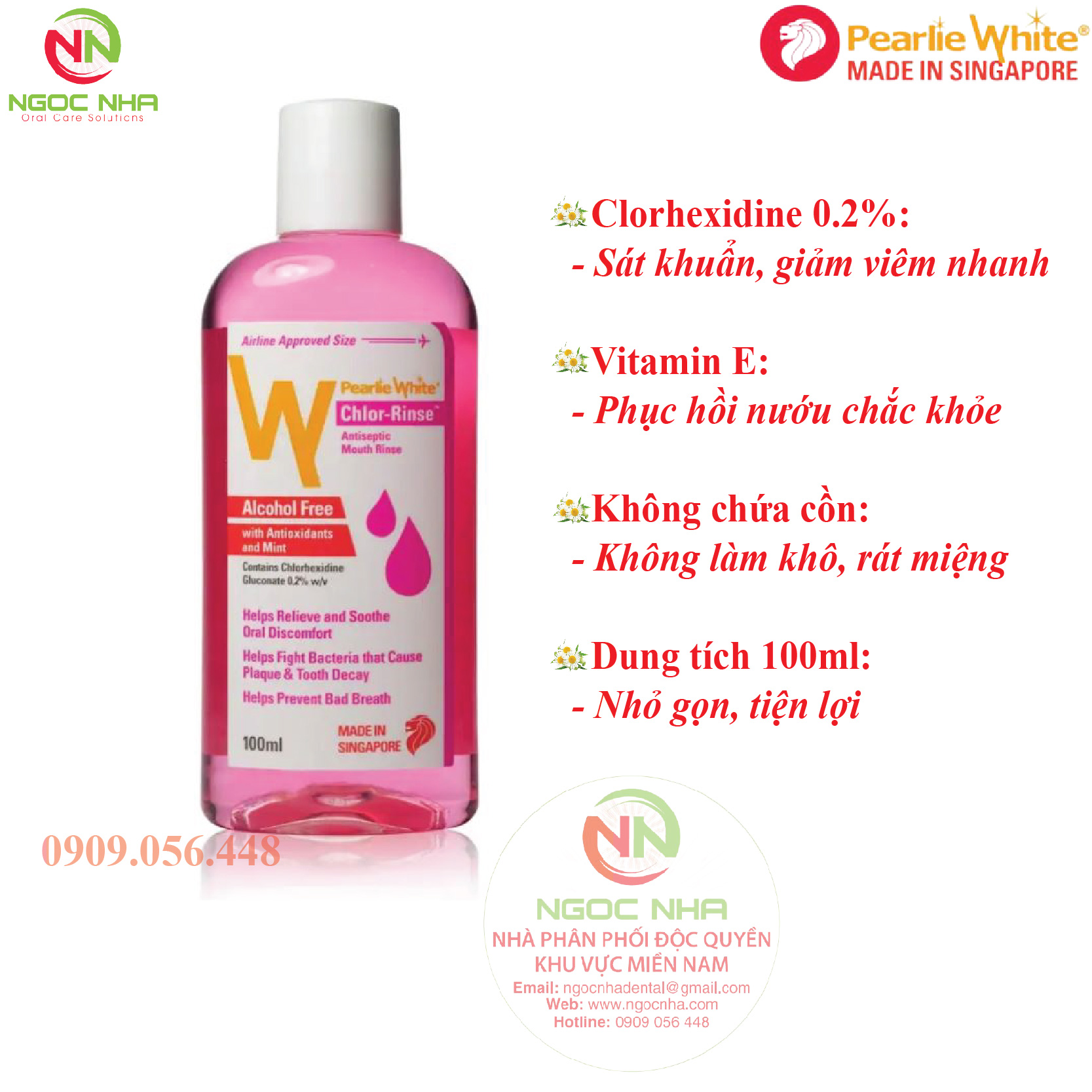 Nước súc miệng ngăn ngừa viêm nha chu nhiệt miệng/ viêm loét miệng viêm nướu/ chảy máu chân răng hôi miệng Pearlie White 100ml/ Singapore