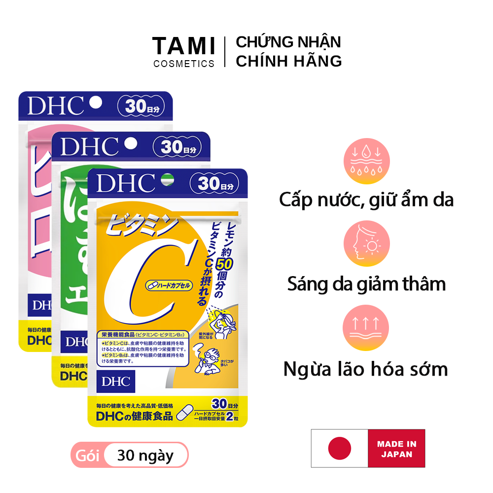 Combo Dưỡng da sáng mịn DHC Nhật Bản (Viên uống cấp nước + Viên uống vitamin C + Viên uống trắng da) Thực phẩm chức năng gói 30 ngày TA-DHC-CB17