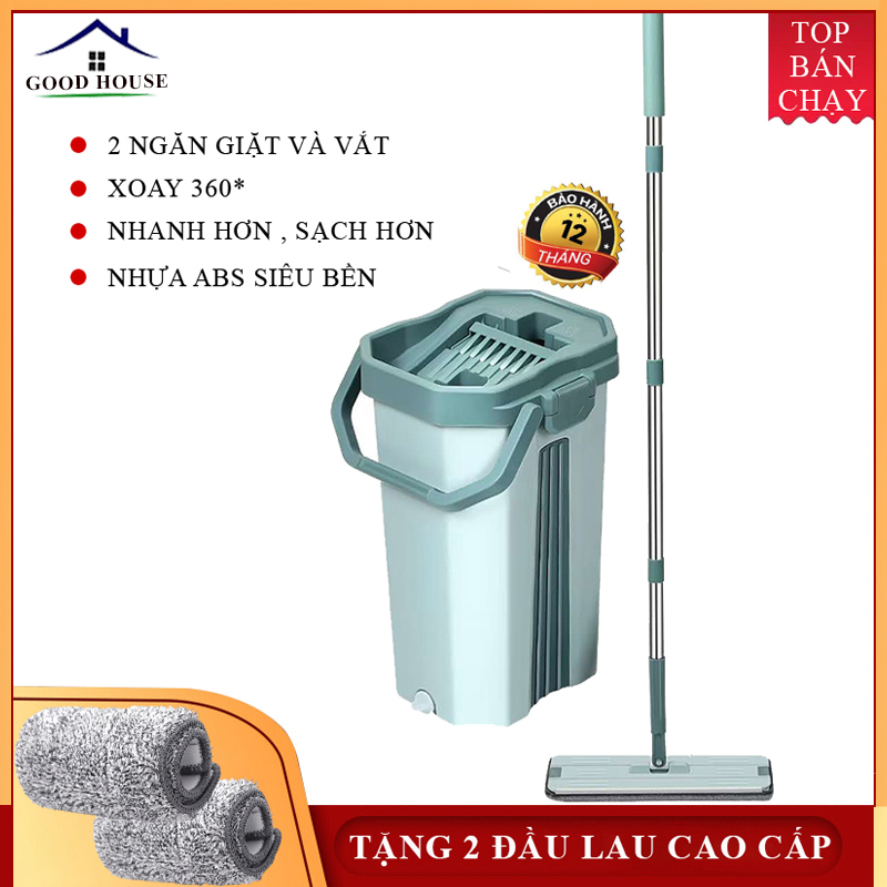 Chổi lau nhà-  Bộ cây lau nha thông minh xoay 360 tự vắt thông minh, 2 ngăn giặt và vắt riêng biệt tiện dụng lau sạch hiệu quả hơn - Cây lau nhà đa năng thông minh
