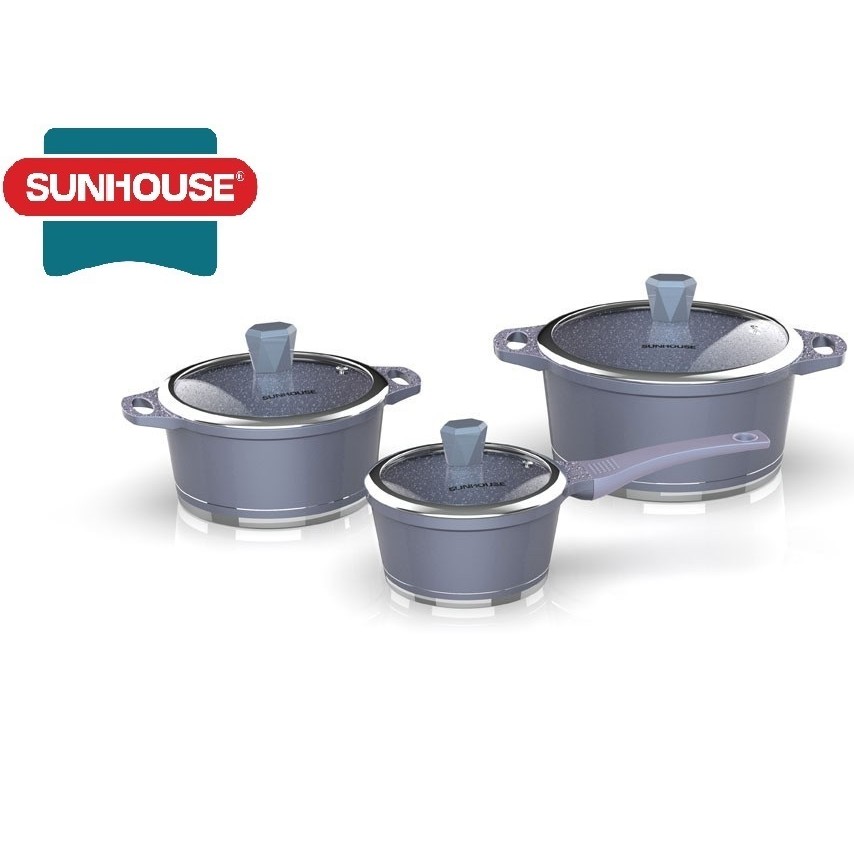 Bộ nồi vân đá đáy từ sunhouse shg2003mma cao cấp+ tặng đồng hồ treo tường thời trang