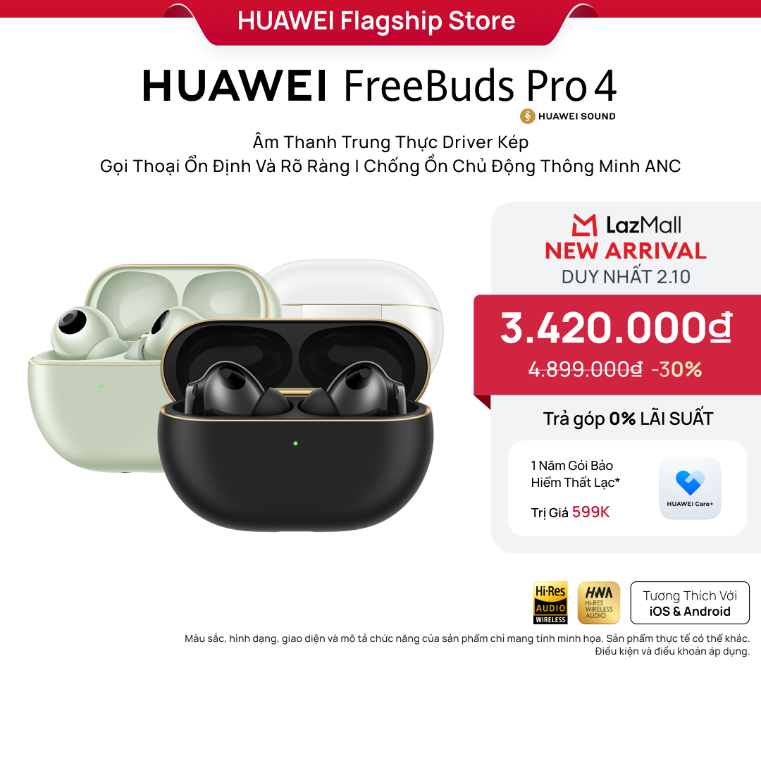 Tai nghe HUAWEI FreeBuds Pro 4 | Âm Thanh Trung Thực Driver Kép | Gọi Thoại Ổn Định Và Rõ Ràng | Chống Ồn Chủ Động Thông Minh ANC