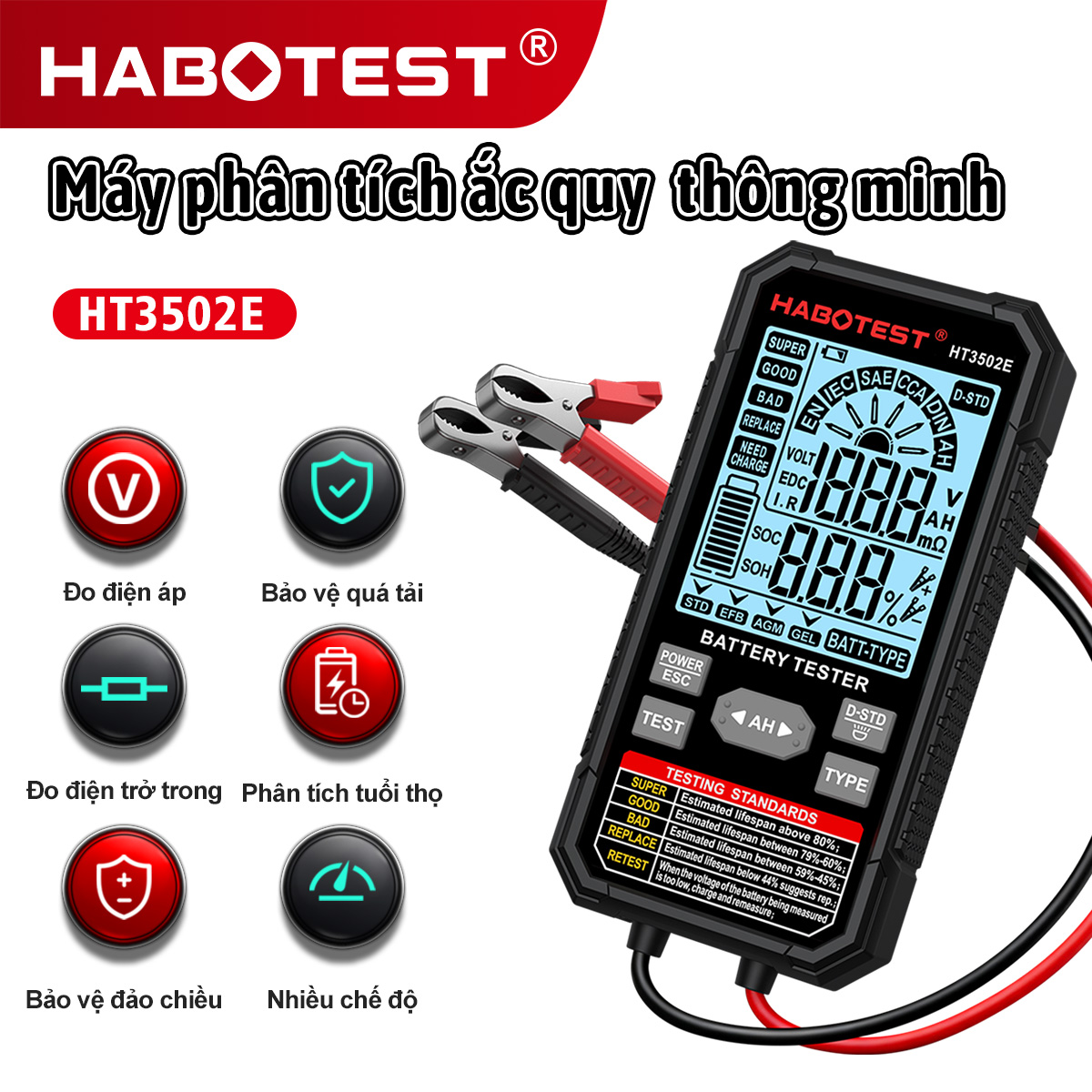 Habotest Ht3502E Multi-Function Battery Tester Black Car Battery Analyzer Cca Battery Detection System Tester Car Battery Tool Giá 488,200 Đồng*Miễn phí vận chuyển