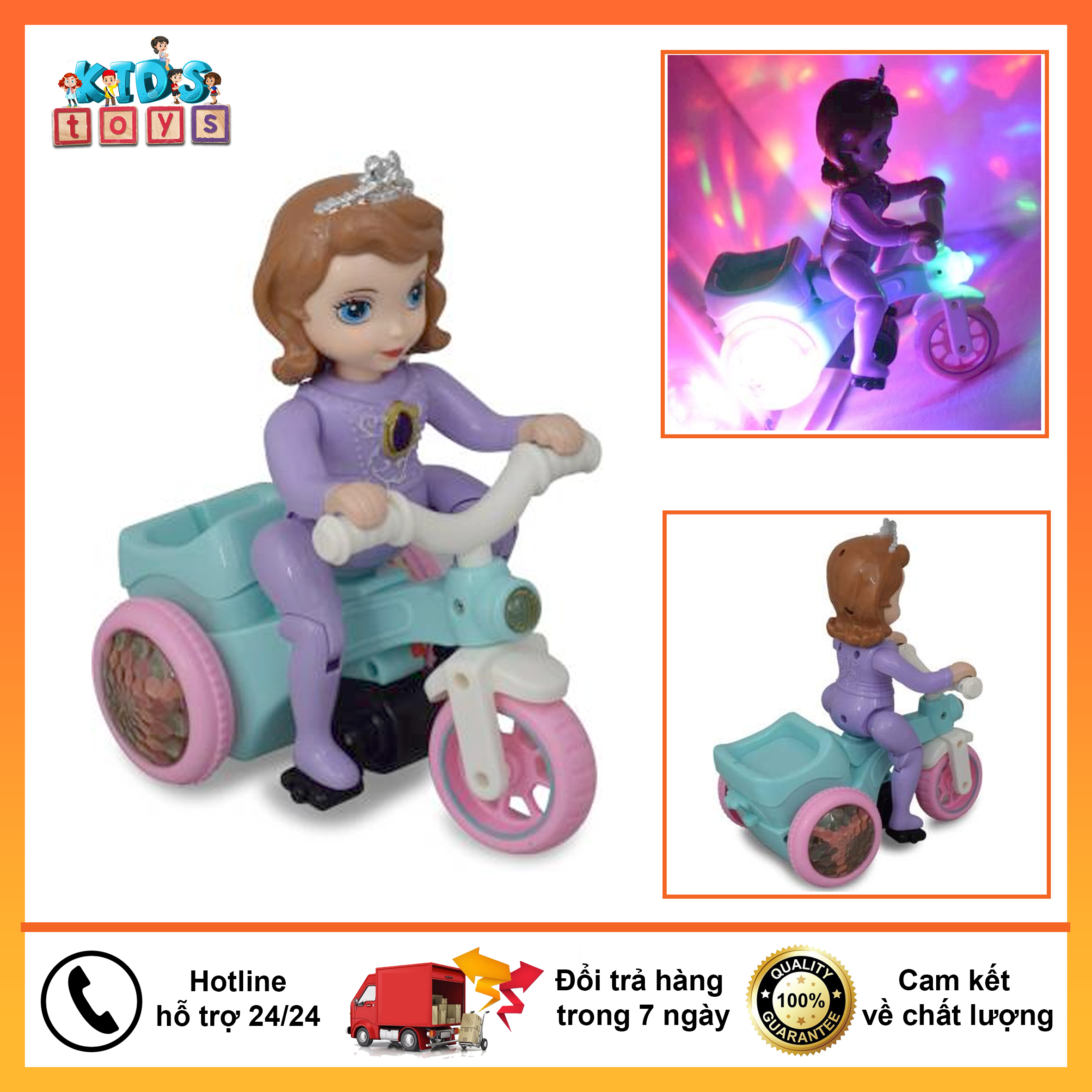 Đồ chơi công chúa đạp xe có phát nhạc, có đèn, tự động xoay 360