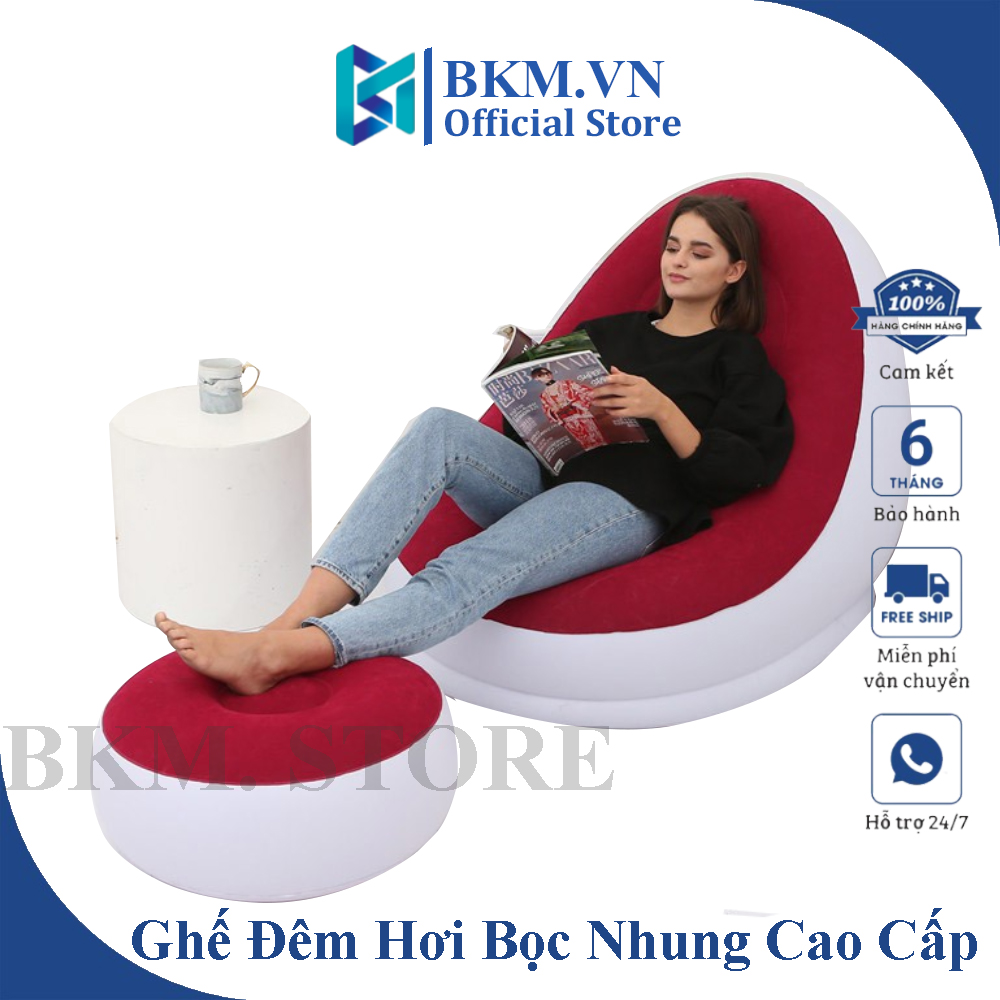 Ghế Bơm Hơi Tựa Lưng Kèm Đệm Lót Chân Bọc Nhung Cao Cấp, Đệm Ghế SoFa Đọc Sách Có Tay Vịn, Gấp Gọn Dễ Dàng, Di Chuyển Tiện Dụng
