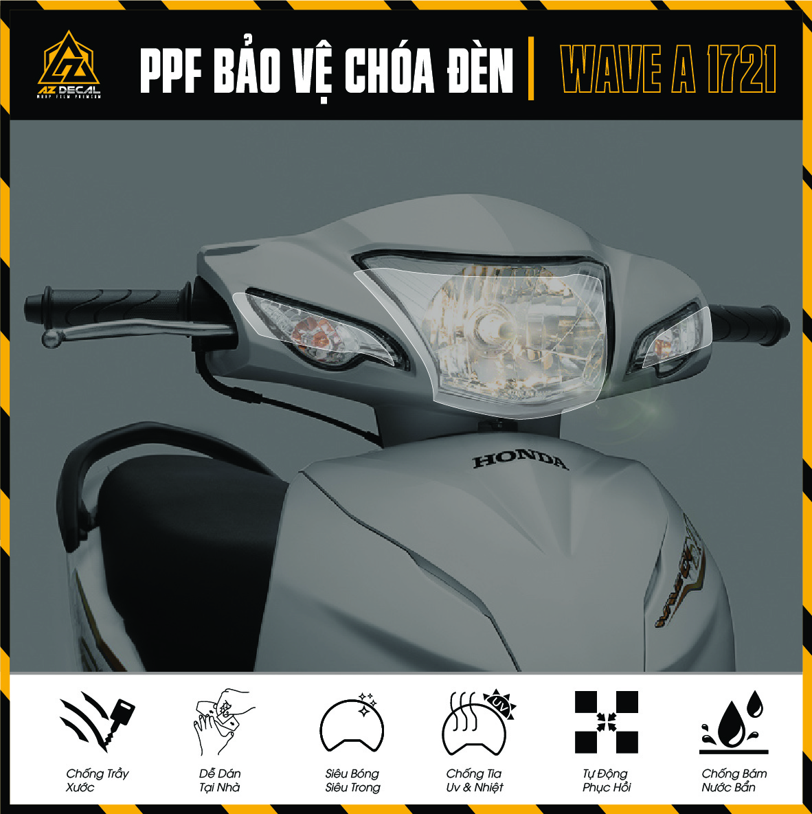 Miếng dán choá đèn xe wave alpha | decal dán ppf trong suốt đèn xe máy wave a 110 100 2017 - 2021 chống xước, dễ dán - azdecal