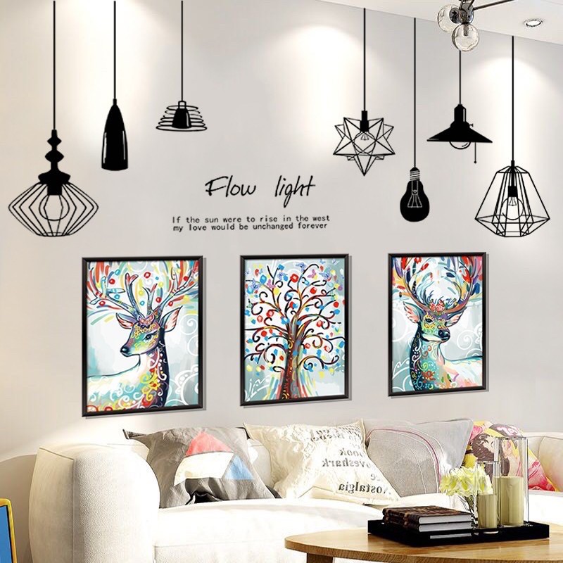 Decal dán tường Combo 2 tranh dây đèn thả + 3 khung tuần lộc
