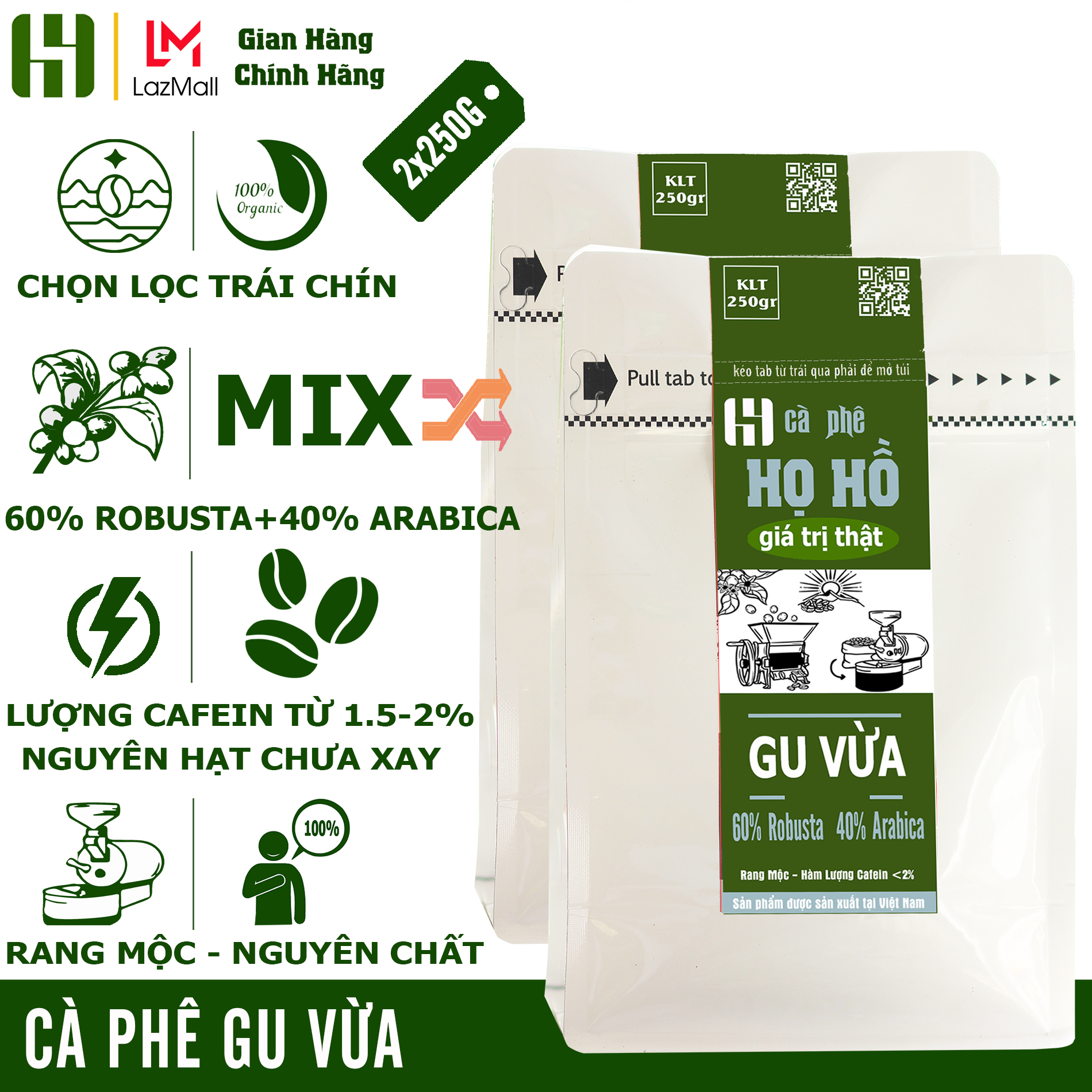 [Gu Vừa] 500g Cà phê HẠT chưa xay rang mộc Gu Vừa - sự kết hợp tuyệt vời từ hạt Arabica+ hạt Robusta whole bean coffee thương hiệu cà phê Họ Hồ -  (2 gói 250g)