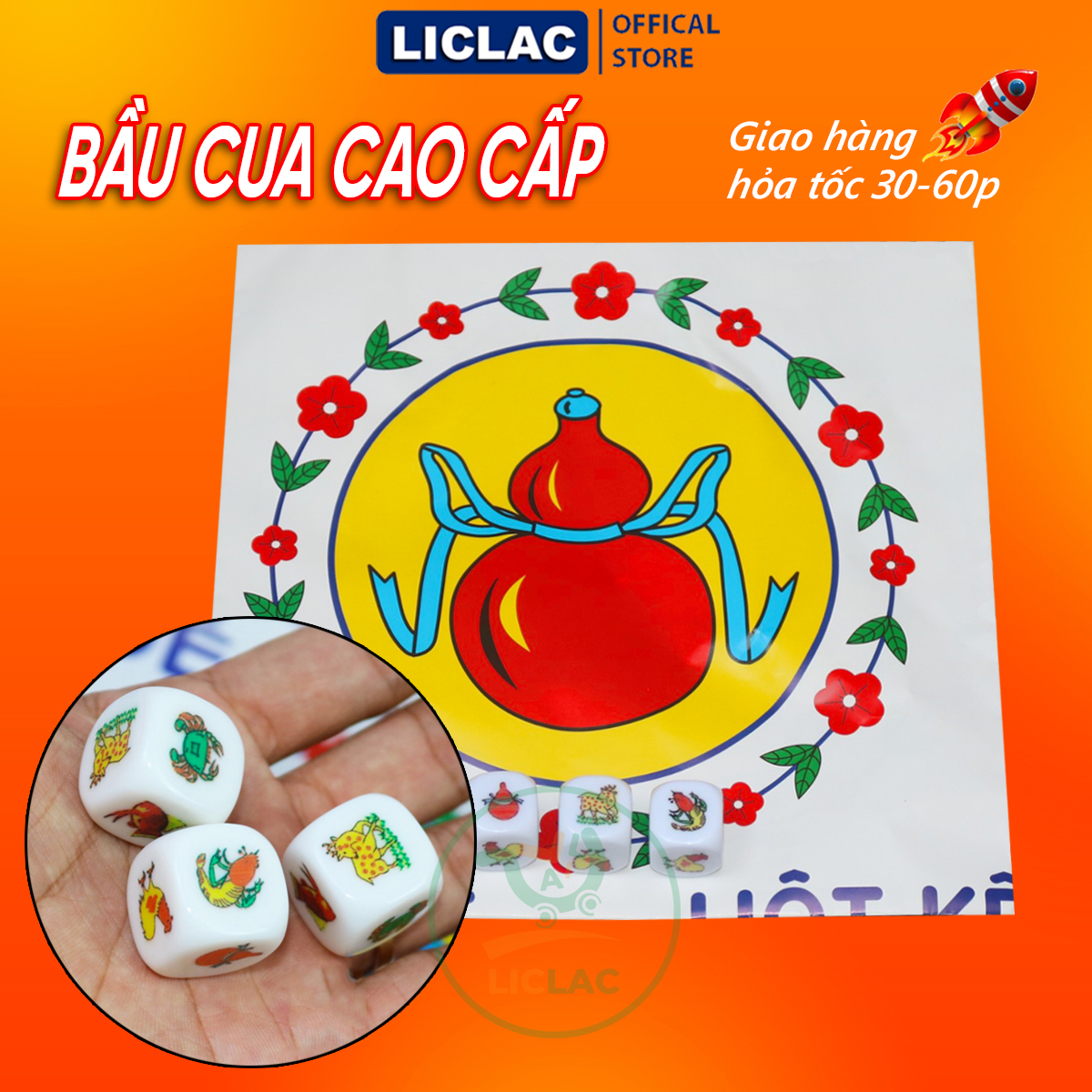 Bộ Bầu Cua Tôm Cá HỘT NHỰA ĐẶC Cao Cấp gồm bàn giấy và 3 xúc xắc, Đồ chơi ngày tết, Boardgame Việt Nam - LICLAC