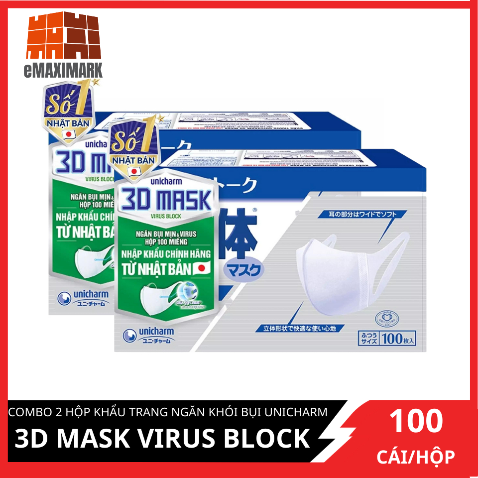 HCM ship 2h Combo 2 Hộp Khẩu Trang Unicharm 3D Mask Virus Block Ngăn Virus