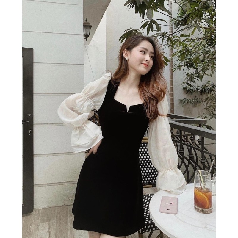Đầm đen phối tay trắng