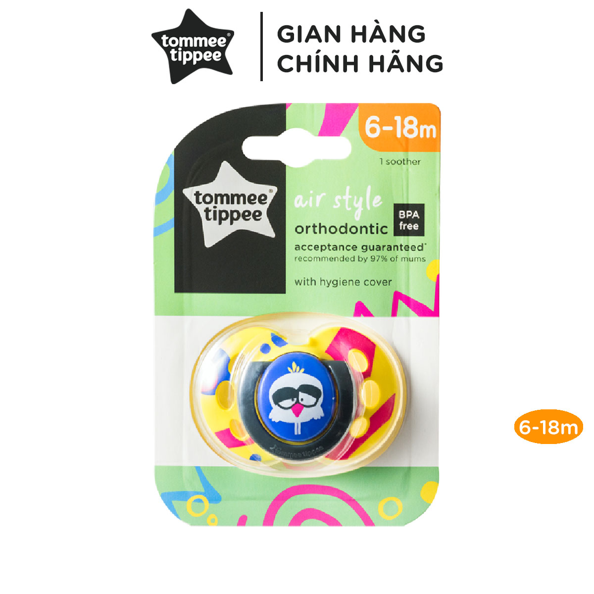Ty ngậm thoáng khí cho bé Tommee Tippee Air 6-18 tháng (vỉ đơn) - Chim sẻ xanh