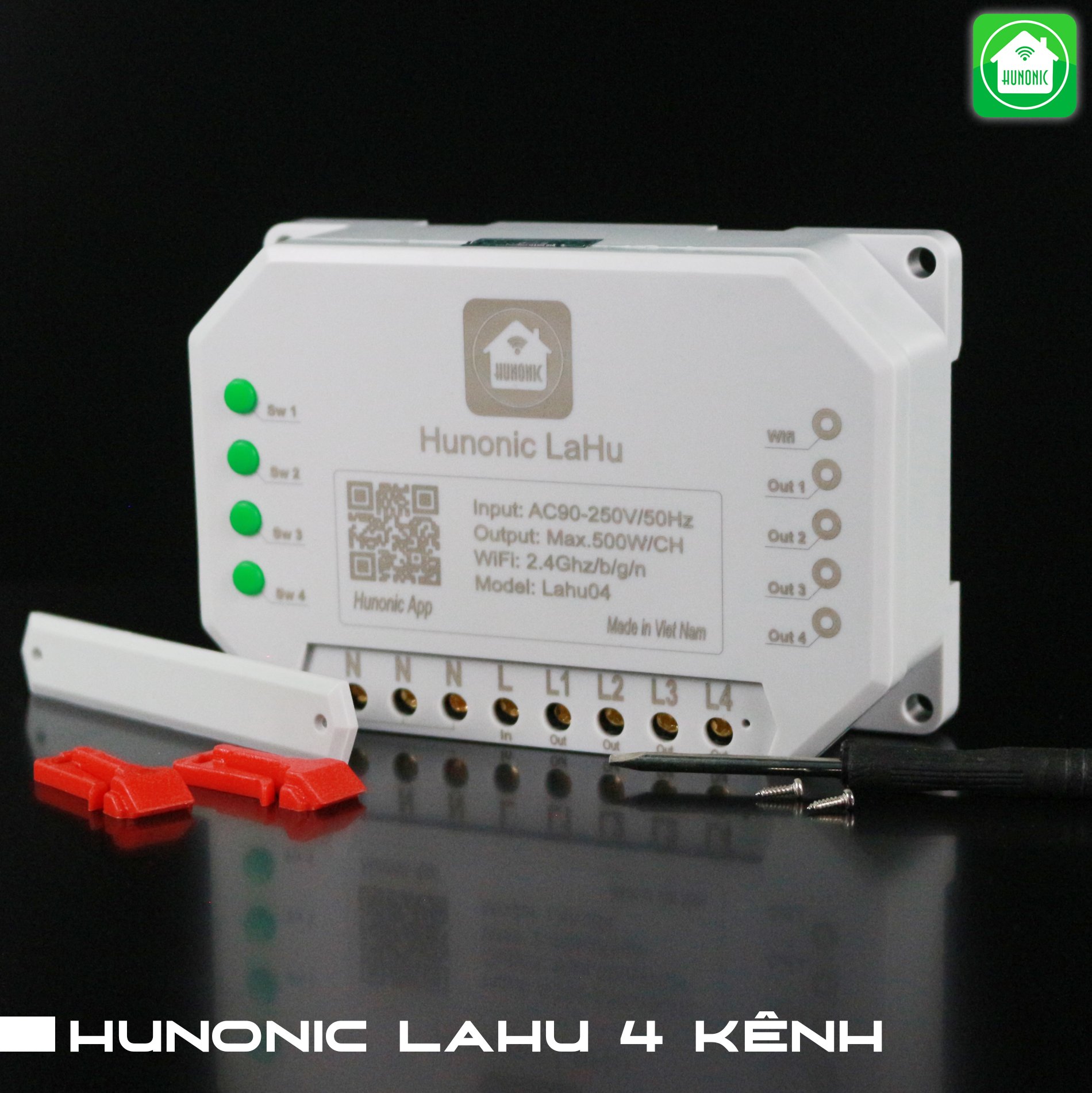 Công tắc thông minh Hunonic Lahu 4 kênh công suất (500W/1 kênh)
