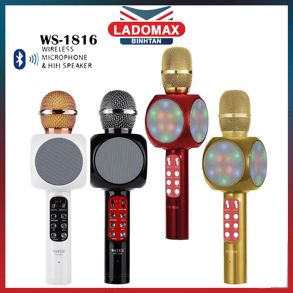 WS-1816 Míc hát karaoke - Loa kèm micro 3 trong 1 kết nối Bluetooth - Míc hát micro karaoke có đèn led