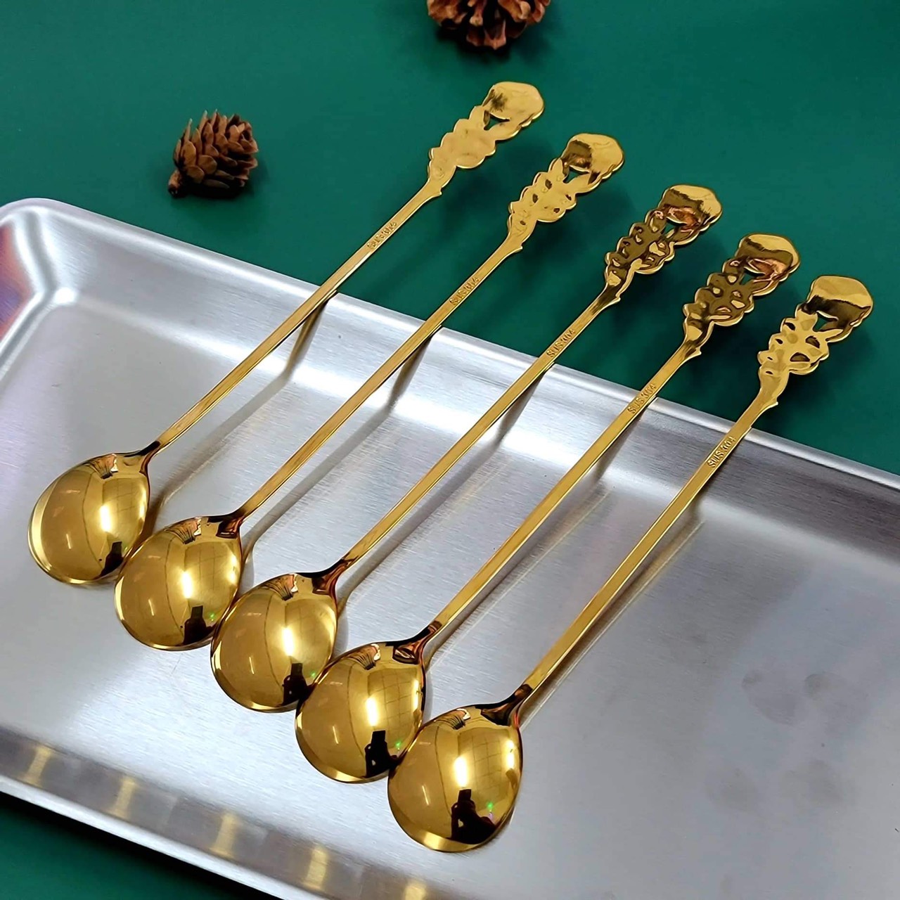 Set 5 THÌA CÀ PHÊ INOX 304 Vàng Tay Cầm Sáng Tạo Hoa Hồng Dài #20cm  -MUỖNG INOX  Cán HOA HỒNG VÀNG - ĐỘC  ĐÁO -MỸ THUẬT
