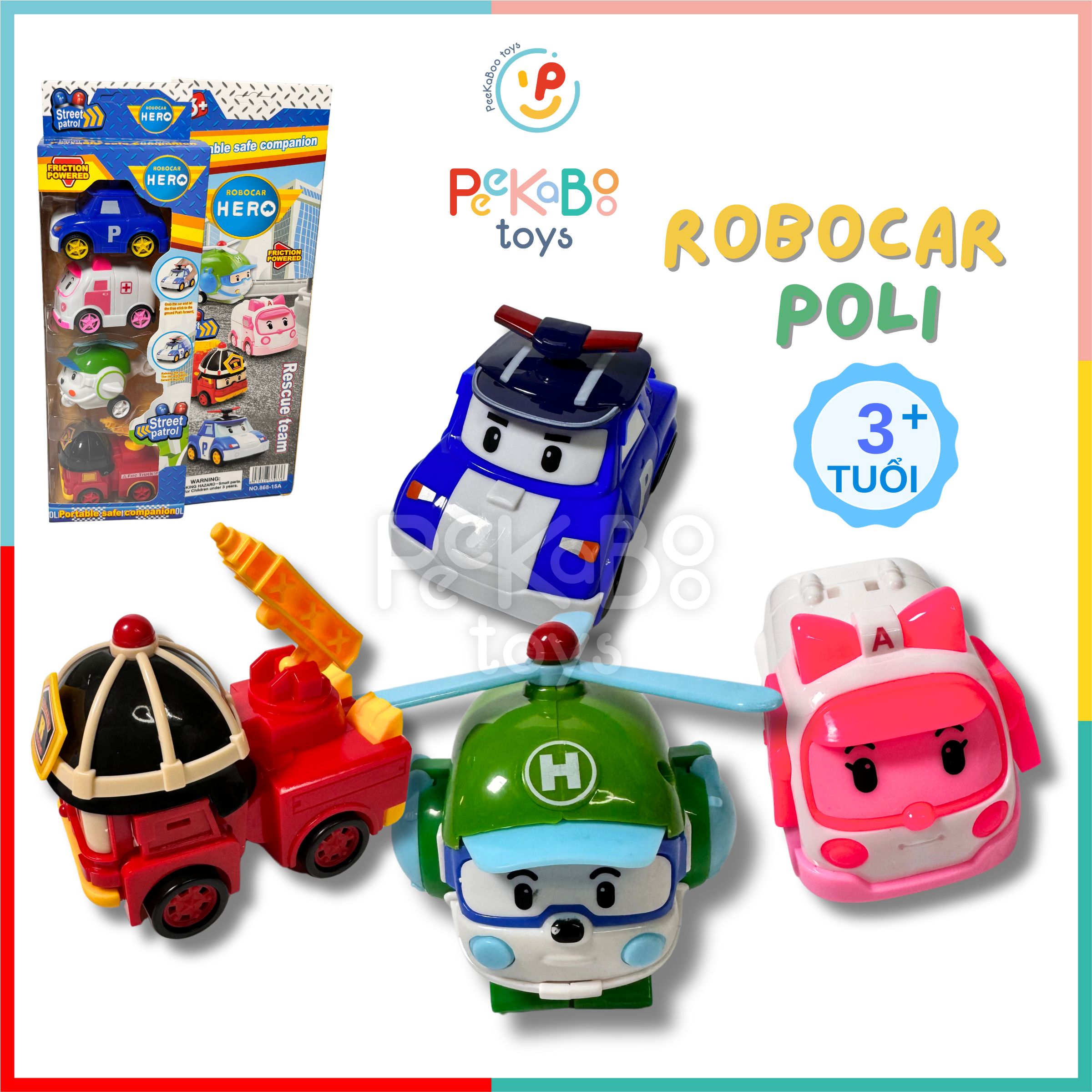 Hộp 4 xe RoboCar Poli mô hình xe đồ chơi chạy trớn không pin 868- 15 đồ chơi trẻ em Peekaboo Toys