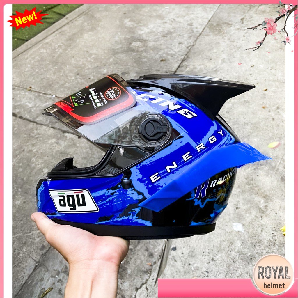 Mũ bảo hiểm full face - mũ bảo hiểm AGU Racing màu xanh dương, freesize, bảo hành 12 tháng