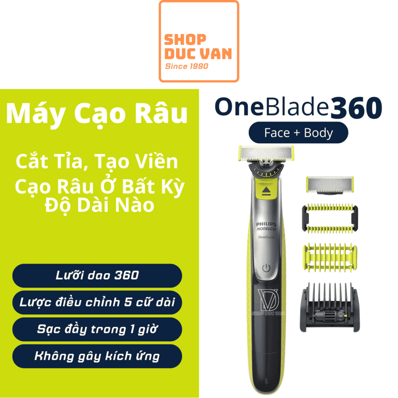  Máy Cạo Râu Philips OneBlade 360 Face + Body Với Khung Lược 5 Cữ Cắt Tỉa Tạo Viền Và Cạo Râu Với Mọi Độ Dài   Shop Đức Vân   