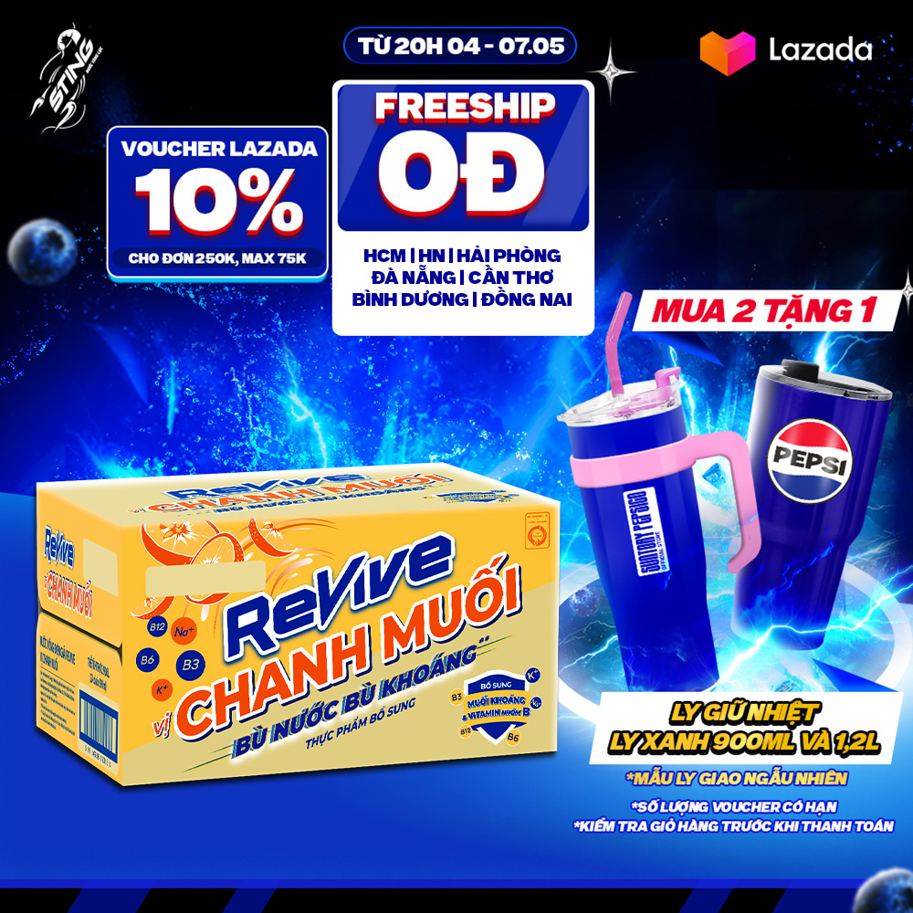 [SALE 5/5] Thùng 24 Chai Nước Giải Khát Revive Chanh Muối (390ml/chai)