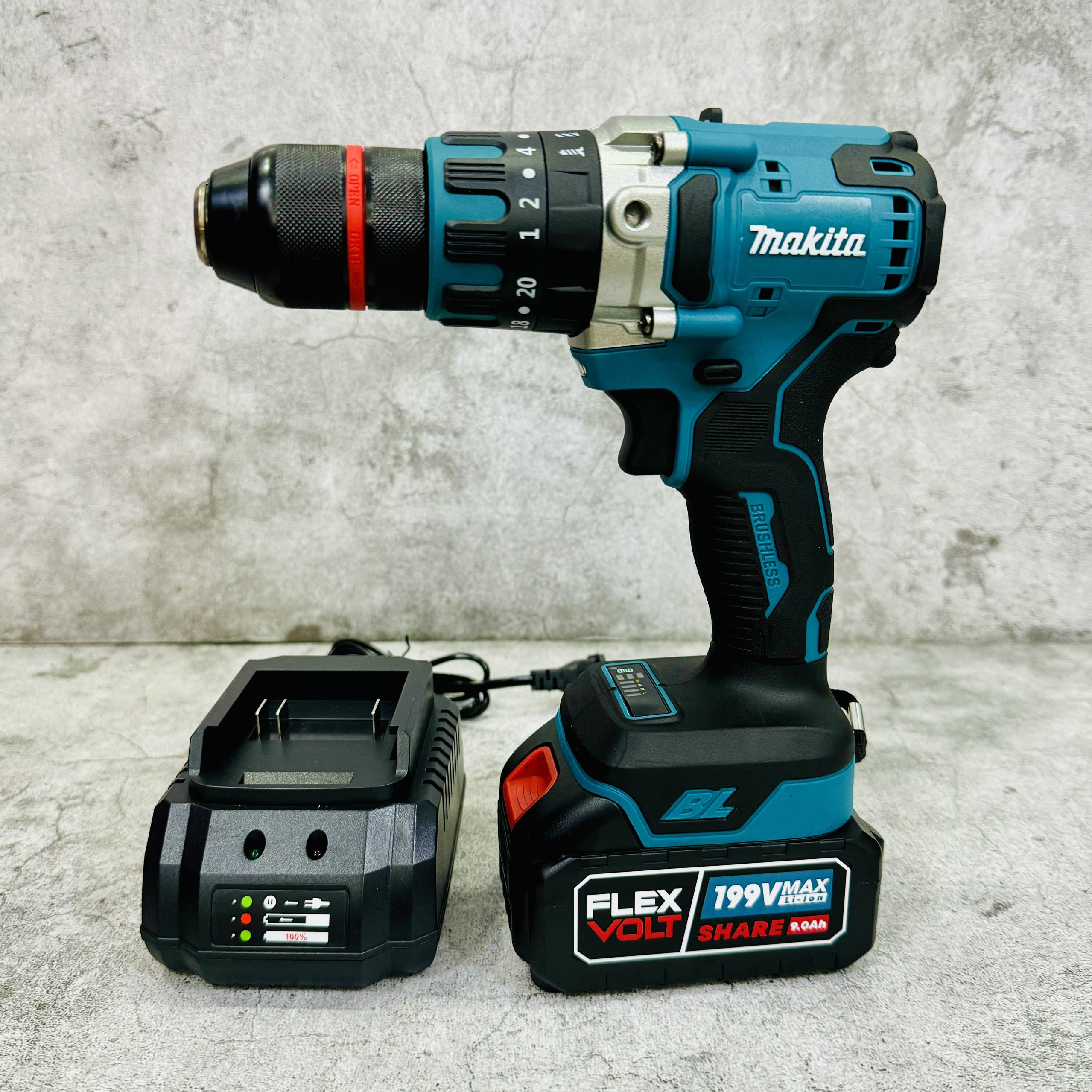 Máy khoan pin không chổi than 199V Makita loại 3 chức năng / Chuyên khoan tường, khoan sắt, khoan gỗ, bắt vít