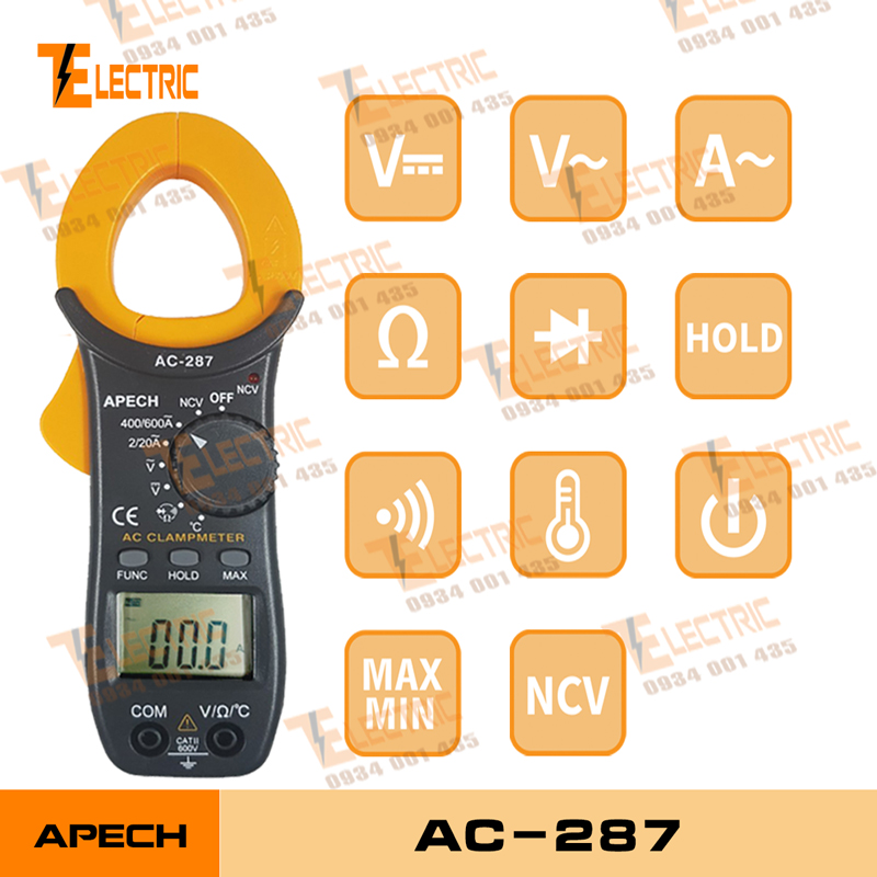 Apech ac - 287 ampe kìm đo điện đo dòng điện ac 600a