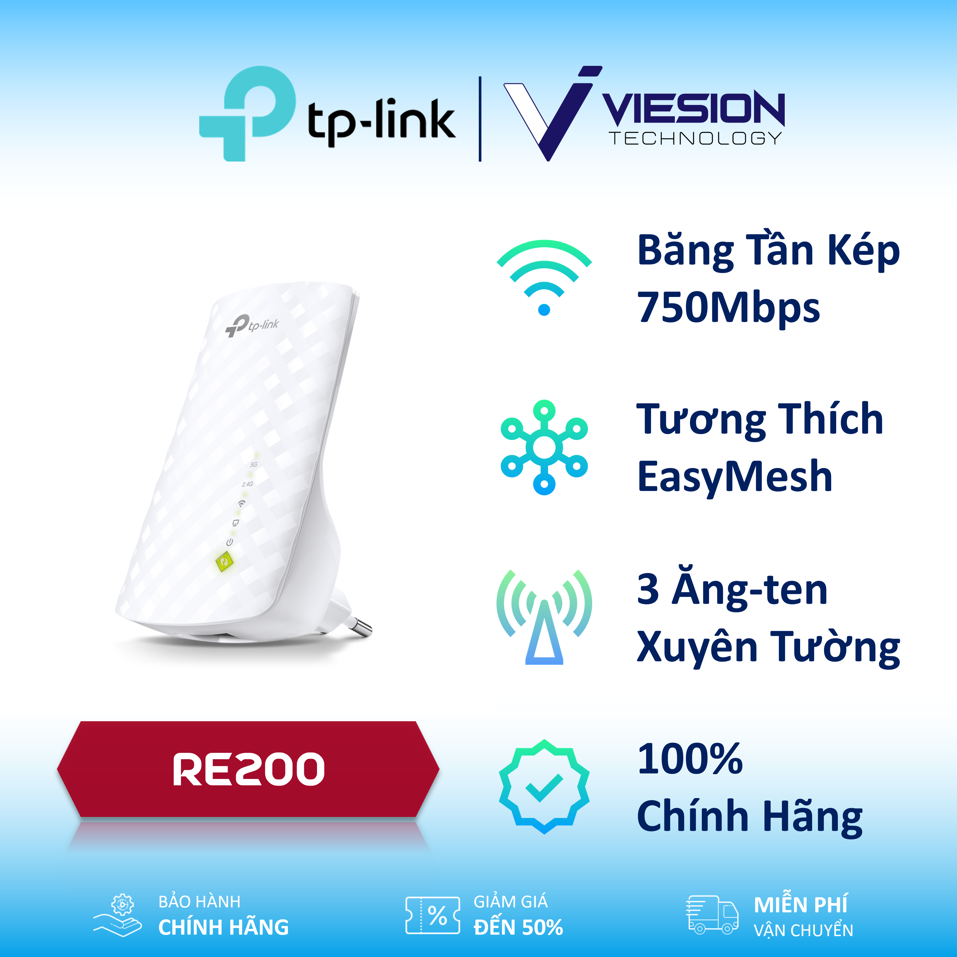 TP-Link RE200 - Bộ mở rộng sóng Wi-Fi Mesh AC750, băng tần kép tốc độ lên tới 750Mbps