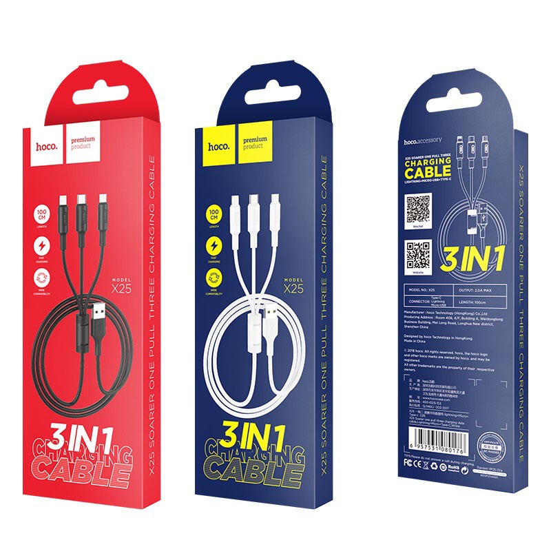 Dây cáp sạc 3 đầu Lightning- Micro - TypeC- Hàng chính hãng cao Cấp