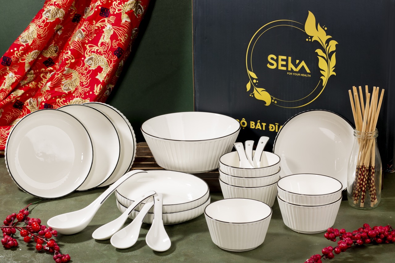 Bộ Bát Đĩa Gốm Sư Trắng viền Đen, Bộ Đồ Dùng Gia Đình Set 18 chi tiết và Set 26 chi tiết