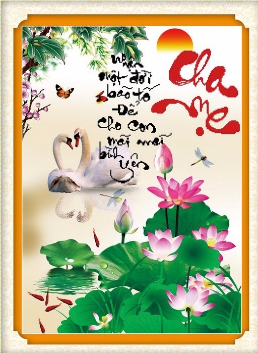 [HCM]Tranh thêu chữ thập cha mẹ thiên nga hoa sen 53337 - kích thước 63 * 76