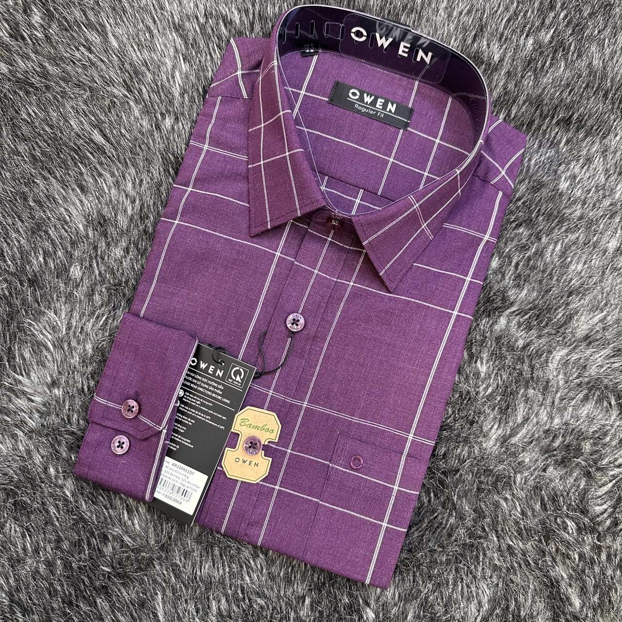 OWEN - Áo sơ mi dài tay Owen Regularfit chất sợi tre màu đỏ tía kẻ trắng 220911