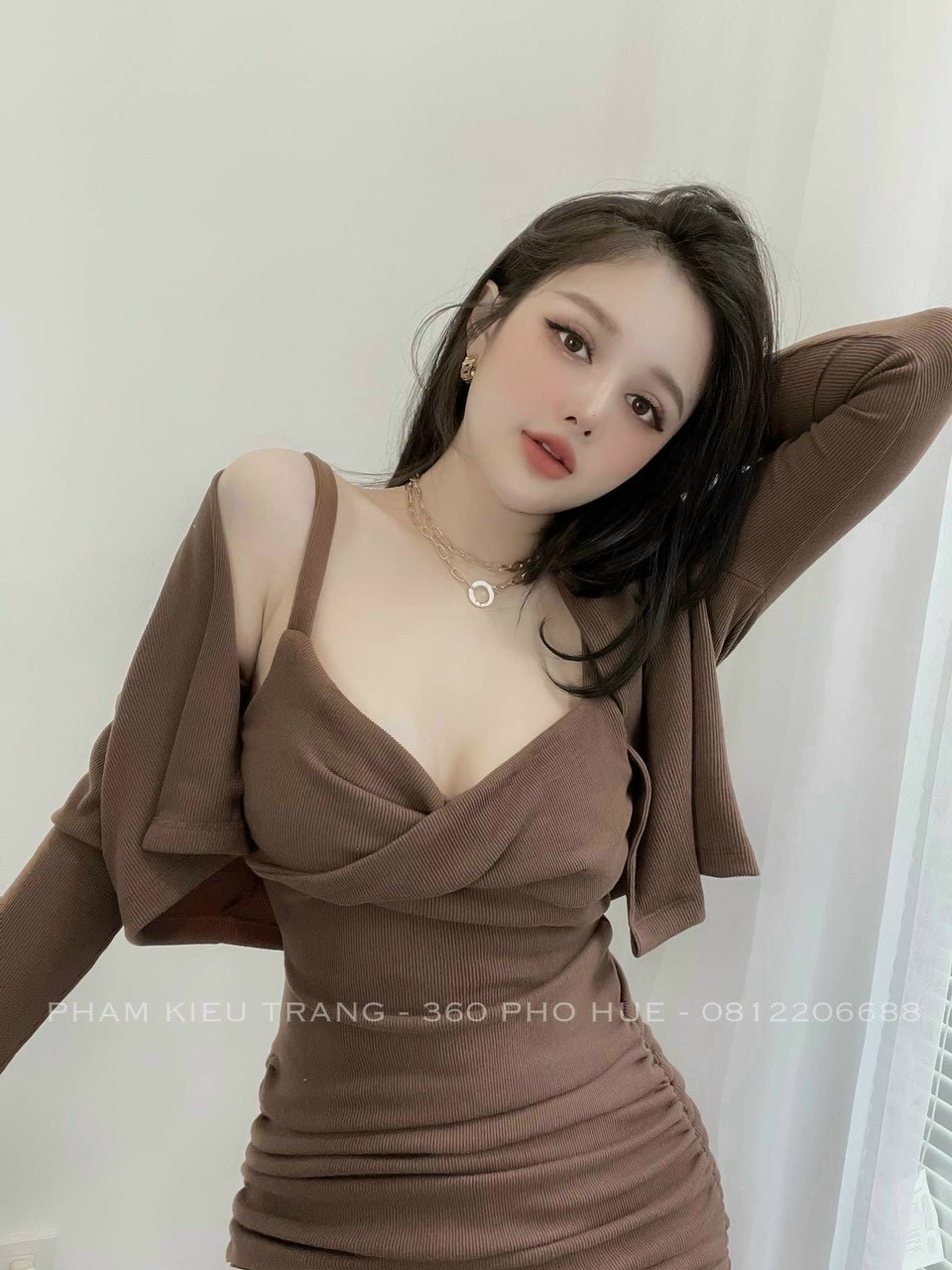 Đầm nữ, đầm 2 dây thun gân ôm body kèm áo khoác lửng tay dài