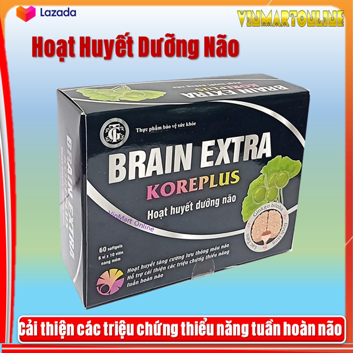 Hoạt Huyết Dưỡng Não Brain Extra Koreplus Dùng cho người bị thiểu năng tuần hoàn não, thiếu máu gây đau đầu, chóng mặt, rối loạn tiền đình, mất ngủ, suy giảm trí nhớ, căng thẳng thần kinh.