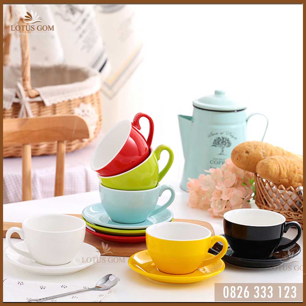 Tách cafe capuchino kèm đĩa - 220ml nhiều màu gốm sứ cao cấp