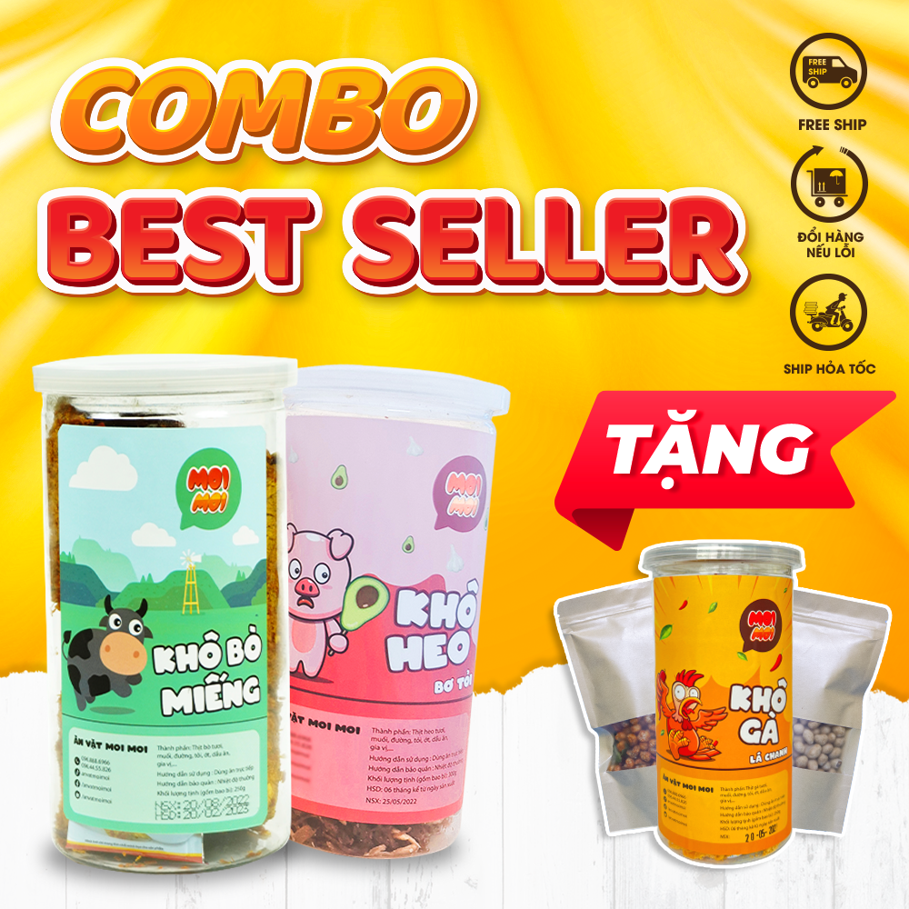 Combo best seller 4 sản phẩm: khô gà lá chanh 250g - khô bò miếng 250g - khô heo bơ tỏi 300g - quẩy đùi gà 300g - đồ ăn vặt moimoi