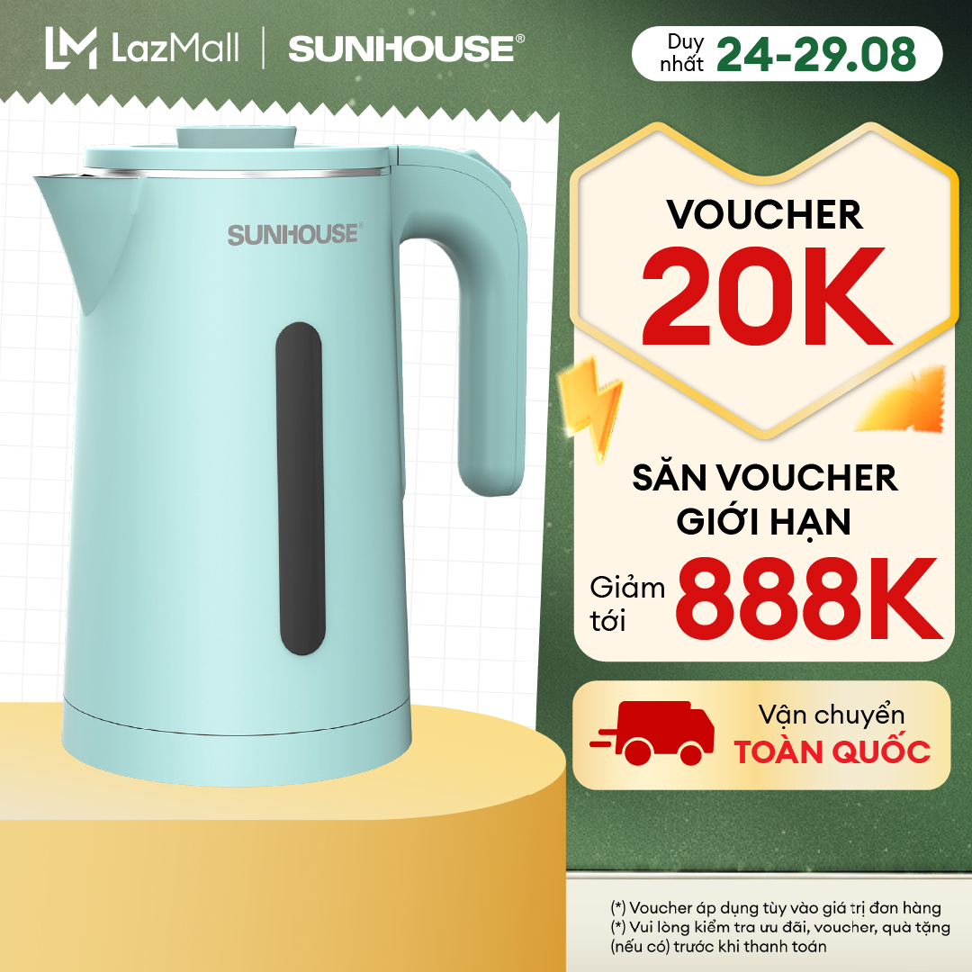 Ấm đun nước siêu tốc 1.8L SUNHOUSE SHD1351 - Công suất 1500W - 2 Lớp cách nhiệt - Tự động tắt khi nước sôi, cạn nước hoặc quá nhiệt - Hàng Chính Hãng bảo hành 12 tháng