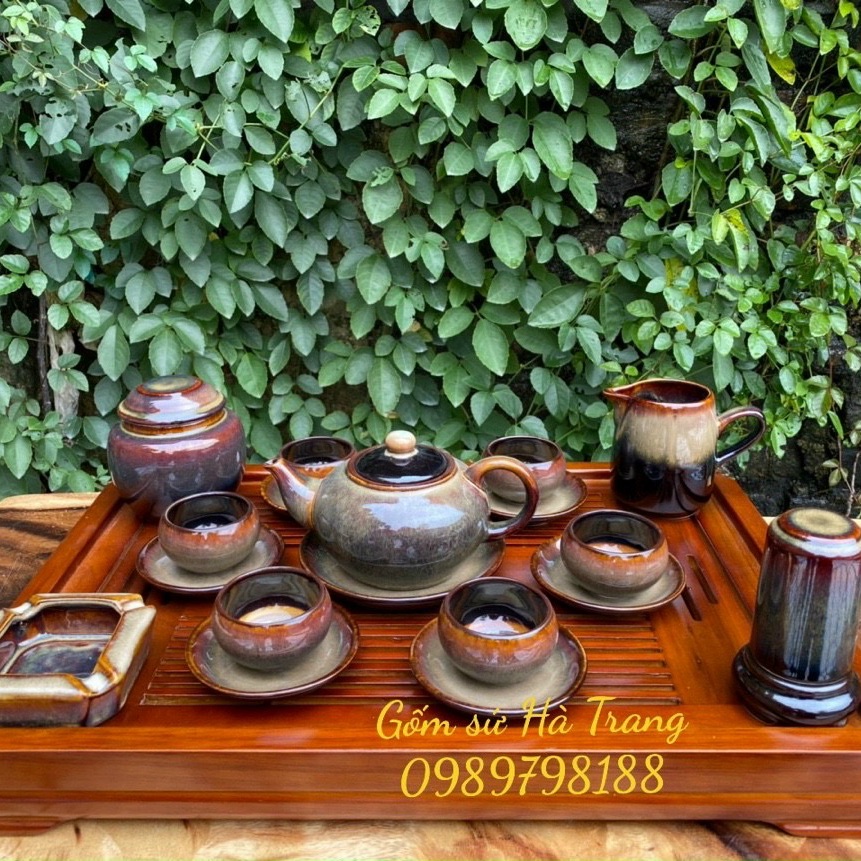 Bộ ấm chén Bát Tràng cao cấp dáng quả hồng men hồng tuyết