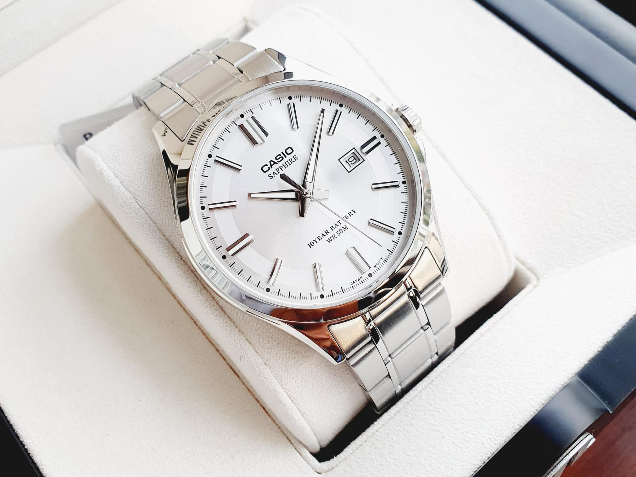 Đồng hồ nam dây thép mặt trắng Sapphire Casio MTS 100D - 7A Bảo hành 1 năm
