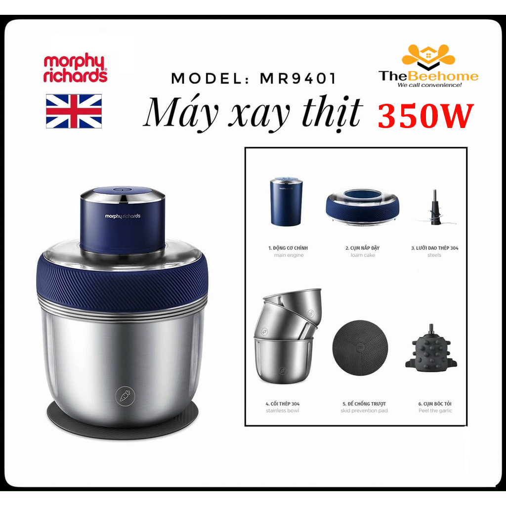 Máy xay thịt thực phẩm đa năng morphy richards mr9401 - bộ 3 cối inox, xay rau củ, chà bông, bóc tỏi - bh 12 tháng