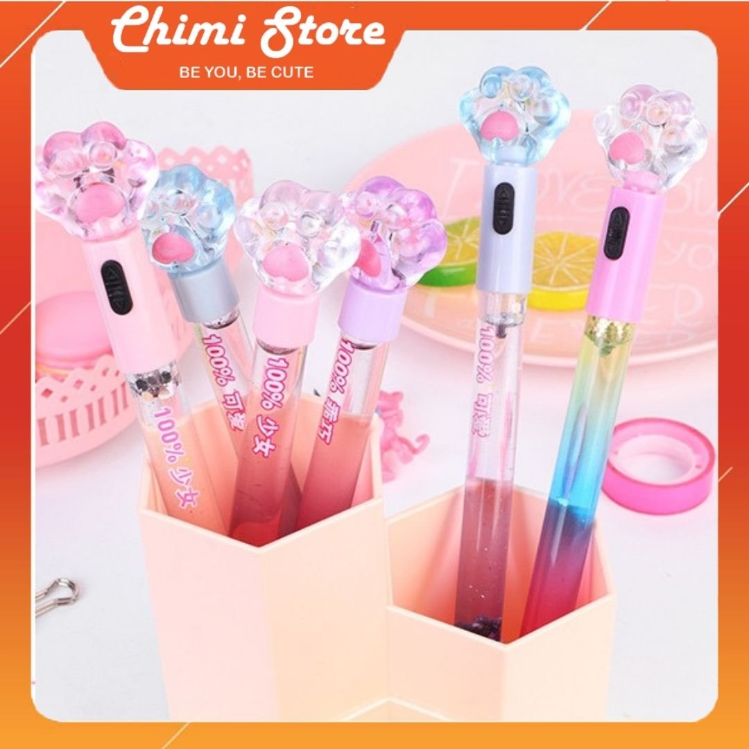 [ Hàng đẹp ] Bút bi mực nước Chimi HT053  mực đen bền đẹp, thiết kế thân nhũ kim tuyến, đầu bút thiết kế gắn hình dấu chân mèo, có hai loại có đèn sáng và không có đèn