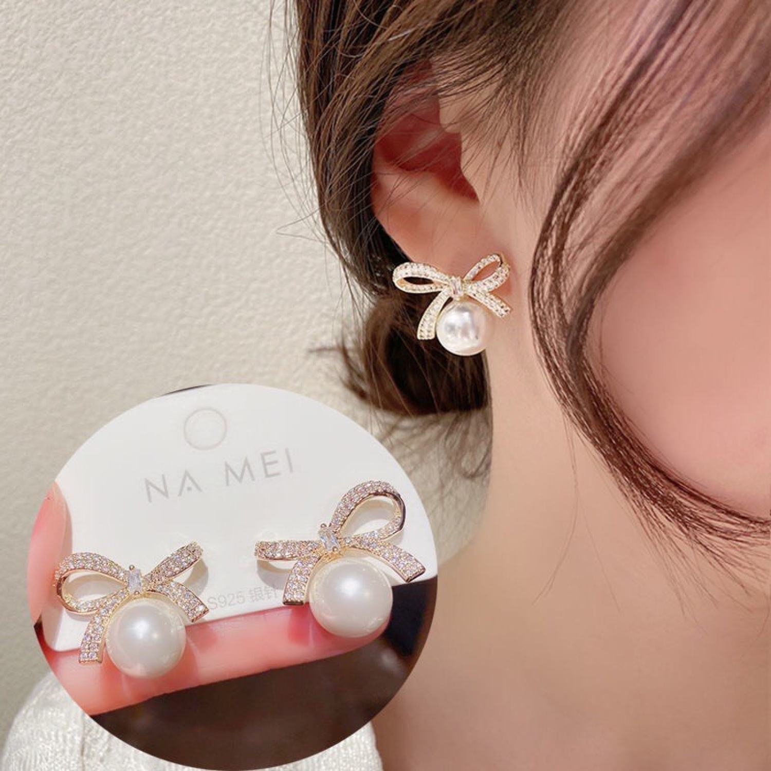 Bông Tai Hình Nơ Đính Ngọc Trai Nhân Tạo Phong Cách Hàn Quốc