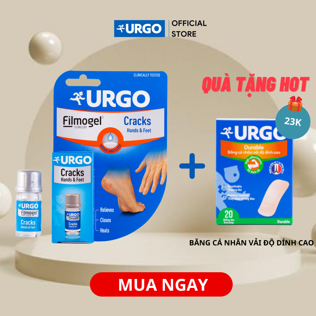 1 hộp Gel làm giảm nứt nẻ Urgo Cracks Filmogel tặng 1 hộp băng cá nhân vải độ dính cao Urgo Durable