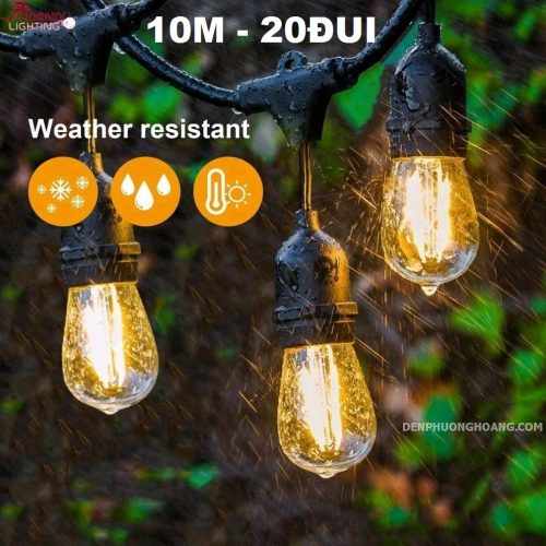 Đèn đui dây trang trí ngoài trời 10 mét kèm 20 đui e27 kín nước ip65 - lõi đồng, loại 1