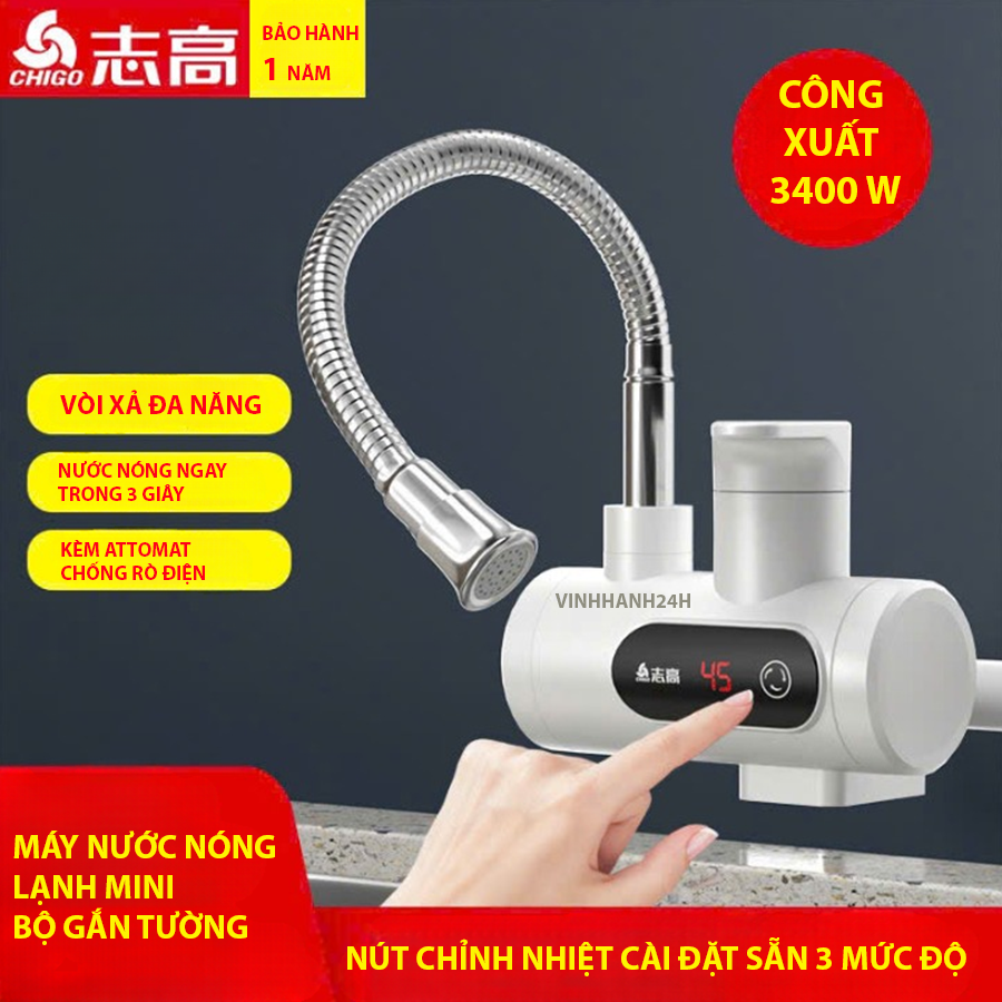 Máy nước nóng lắp đặt tại vòi có nút chỉnh nhiệt, Bộ có vòi xả đa năng, vòi xả mềm bẻ được đi các hướng, tiện dụng hơn