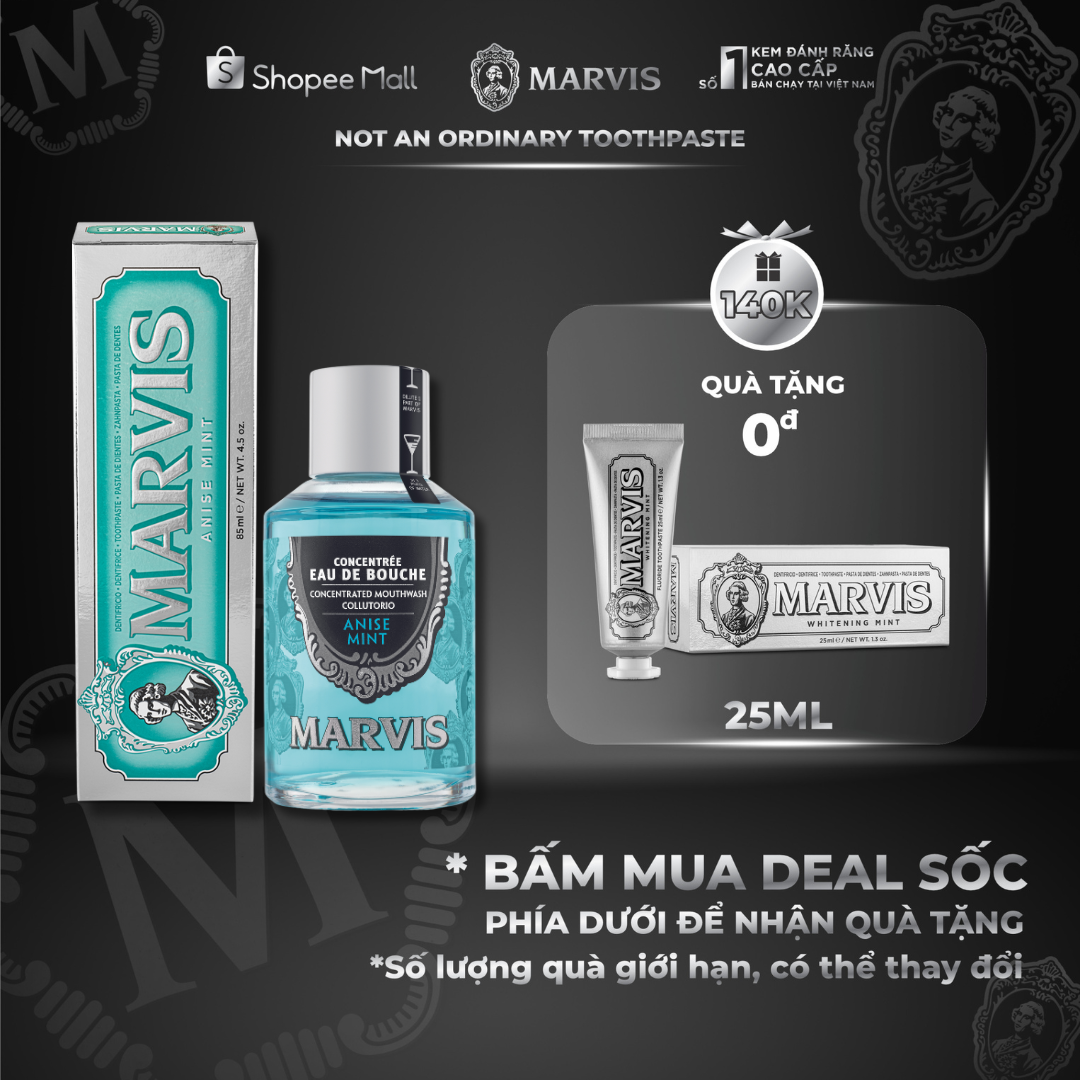 Combo Chăm Sóc Toàn Diện Nước Súc Miệng Anise Mint 120ML Và Kem Đánh Răng Marvis Anise Mint 85ML - Hiệu quả loại bỏ mảng bám, sạch răng thơm miệng