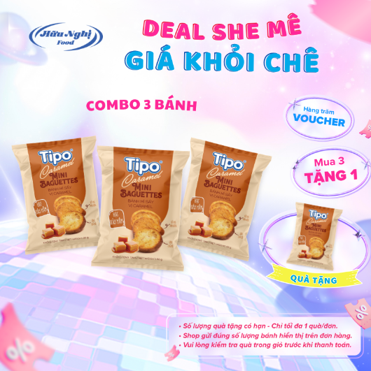 COMBO 3 Bánh mì sấy Caramel Tipo 50g Hữu Nghị dinh dưỡng, ngon giòn, ăn vặt tiệnlợi