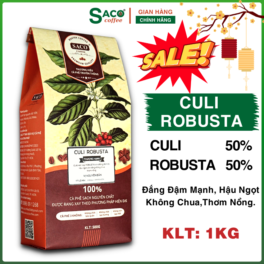 Cafe Hạt Rang Mộc Culi Robusta Nguyên Chất (1Kg) Đắng Đậm Mạnh, Ngọt Hậu, Thơm Nồng, Cà Phê Pha Phin, Cafe Nguyên Hạt từ SACO COFFEE