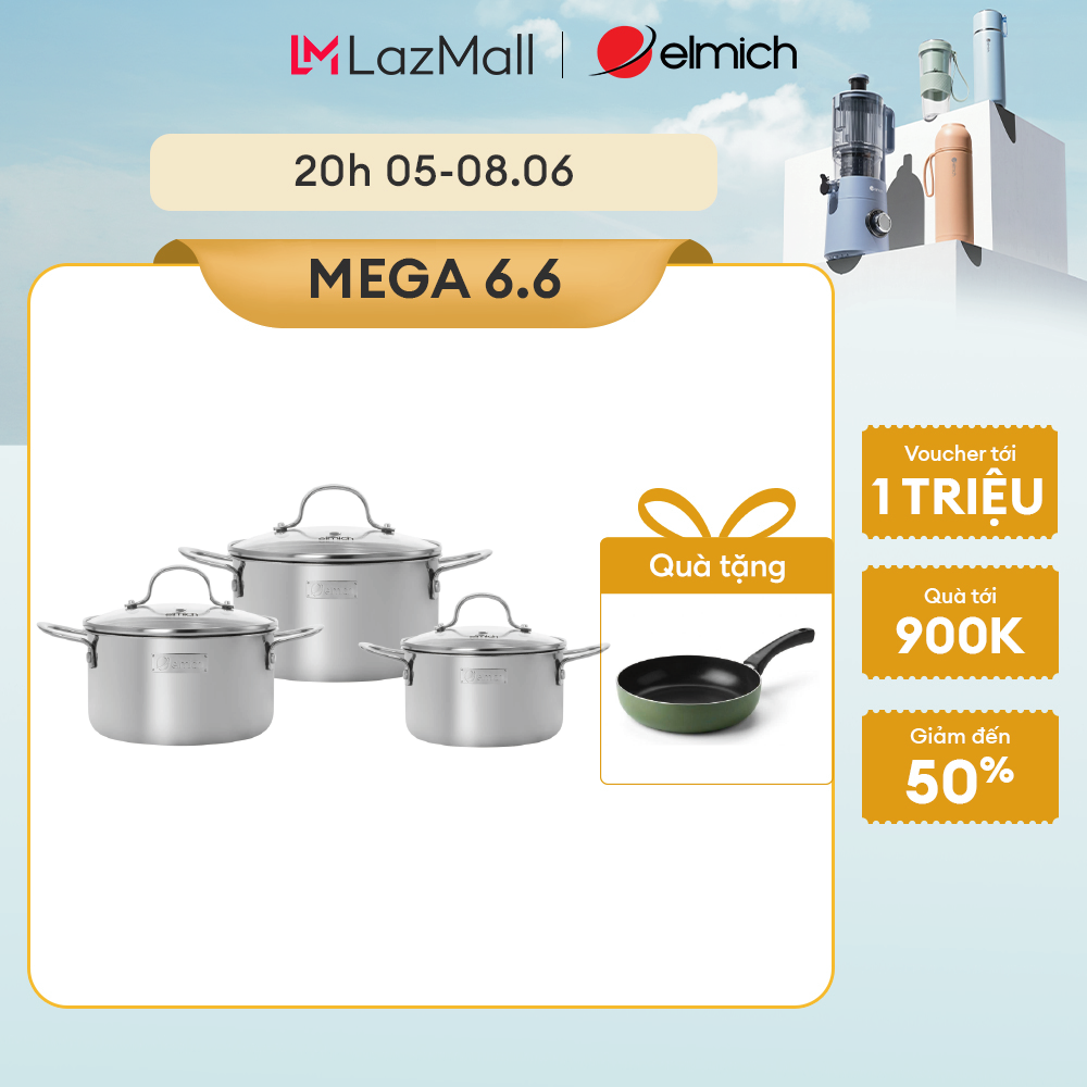 (MEGA 6.6)Bộ nồi inox nguyên khối Elmich Trimax classic EL-2136OL01 size 18, 20, 22cm