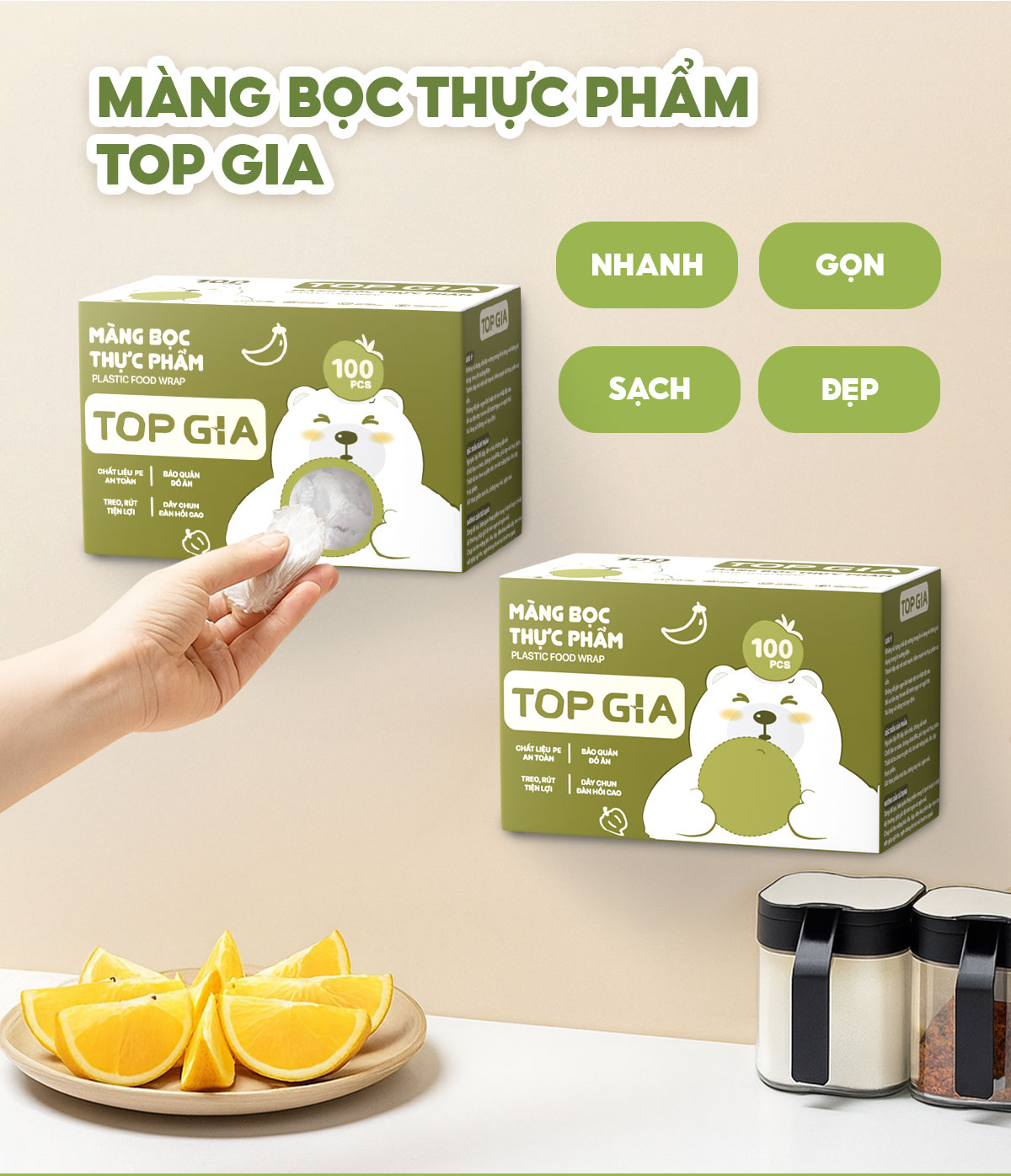  Hộp màng bọc thực phẩm treo tường dạng rút TopGia tiện lợi an toàn có chun co dãn 