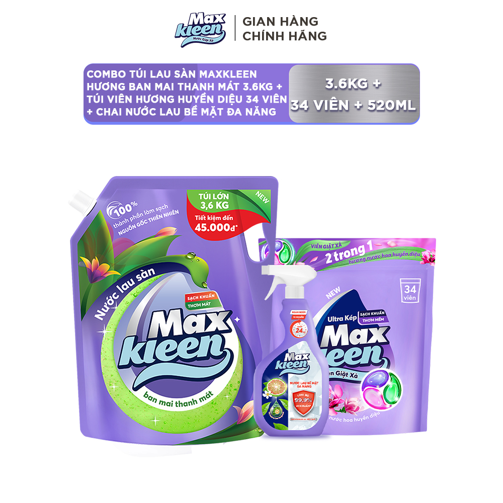 Combo Túi lau sàn MaxKleen hương Ban mai thanh mát 3.6kg + Túi viên hương Huyền Diệu 34 viên + Chai nước lau bề mặt đa năng