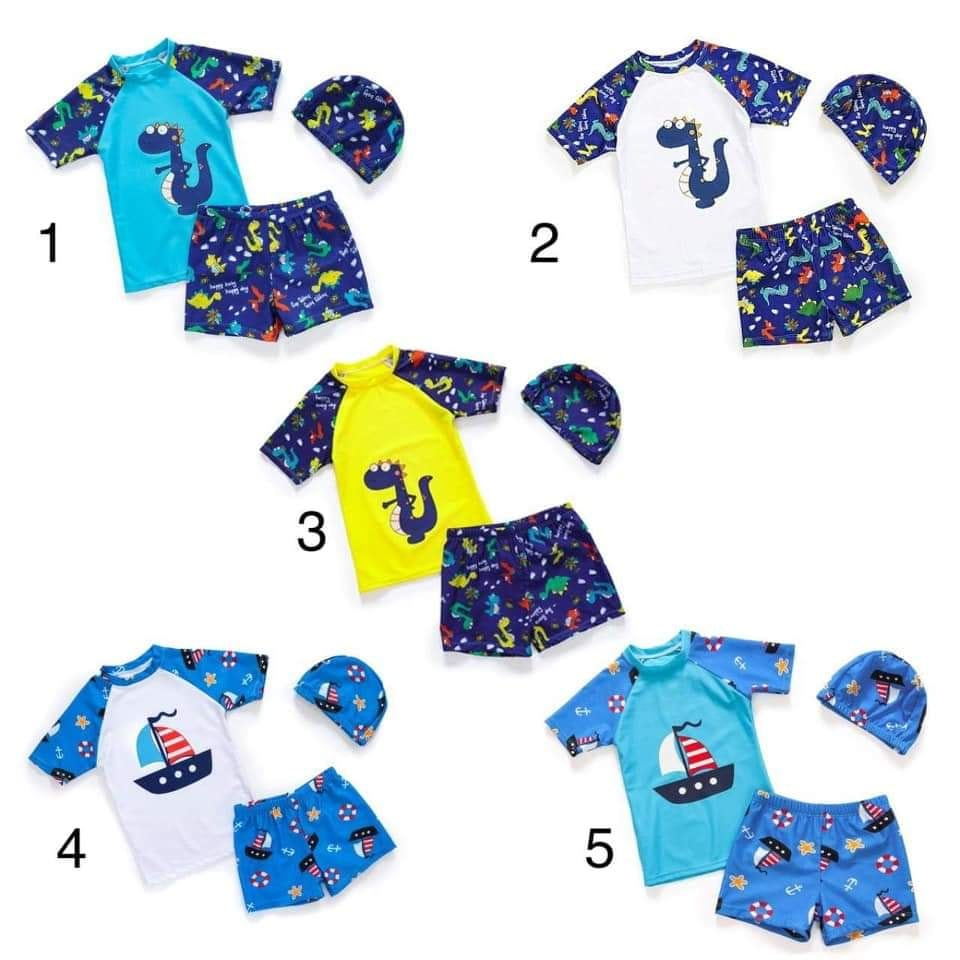 Đồ bơi bé trai 2 mảnh kèm mũ đồ bơi bé trai hàn quốc chất thun lạnh cao cấp từ 10kg đến 40kg