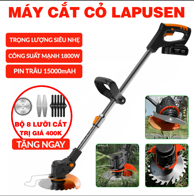Máy cắt cỏ lapusen loại 2 pin -công suất lớn 1800w - máy cắt cỏ tỉa cành cầm tay lapusen - máy cắt cỏ chạy pin, tốc độ vượt trội, trọng lượng siêu nhẹ, pin lithium 15000mah
